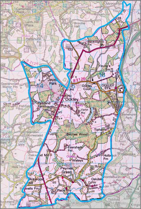 map of the parish boundaries for Ockley, Surrey